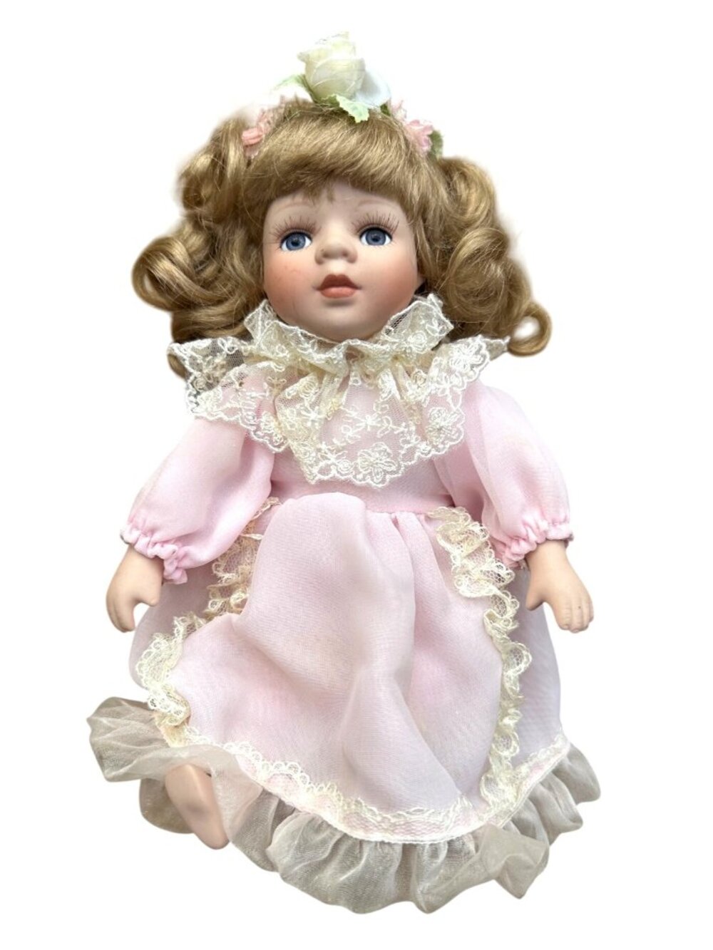 Geppeddo Collector Series Porcelain Doll 12" Pink Dress Blonde Curls Lace Detail